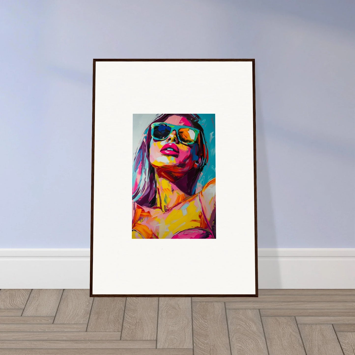 Vibrant canvas print of a person in sunglasses for stylish room decoration