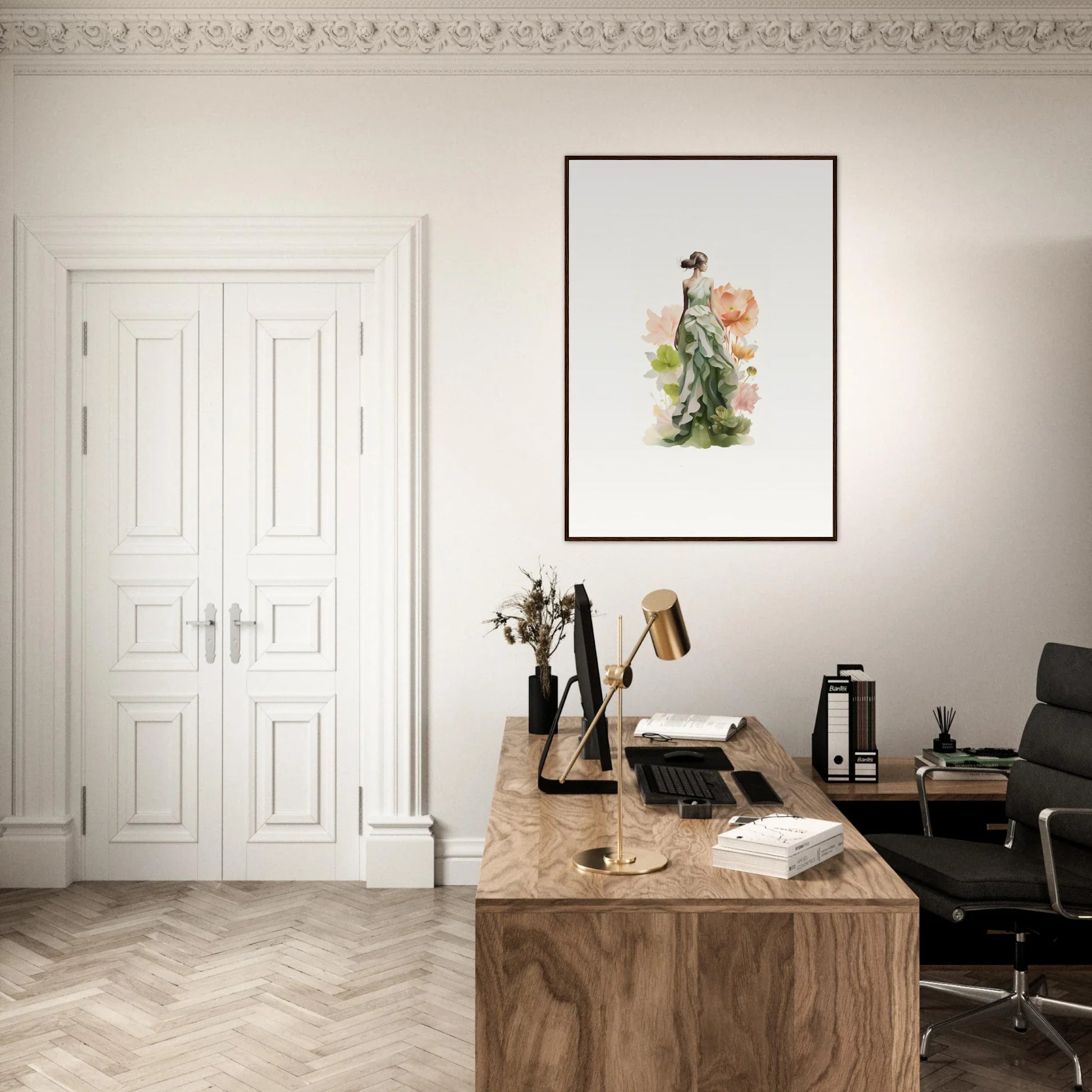 Elegant home office with a wooden desk and Spring Symphony canvas print for room decoration