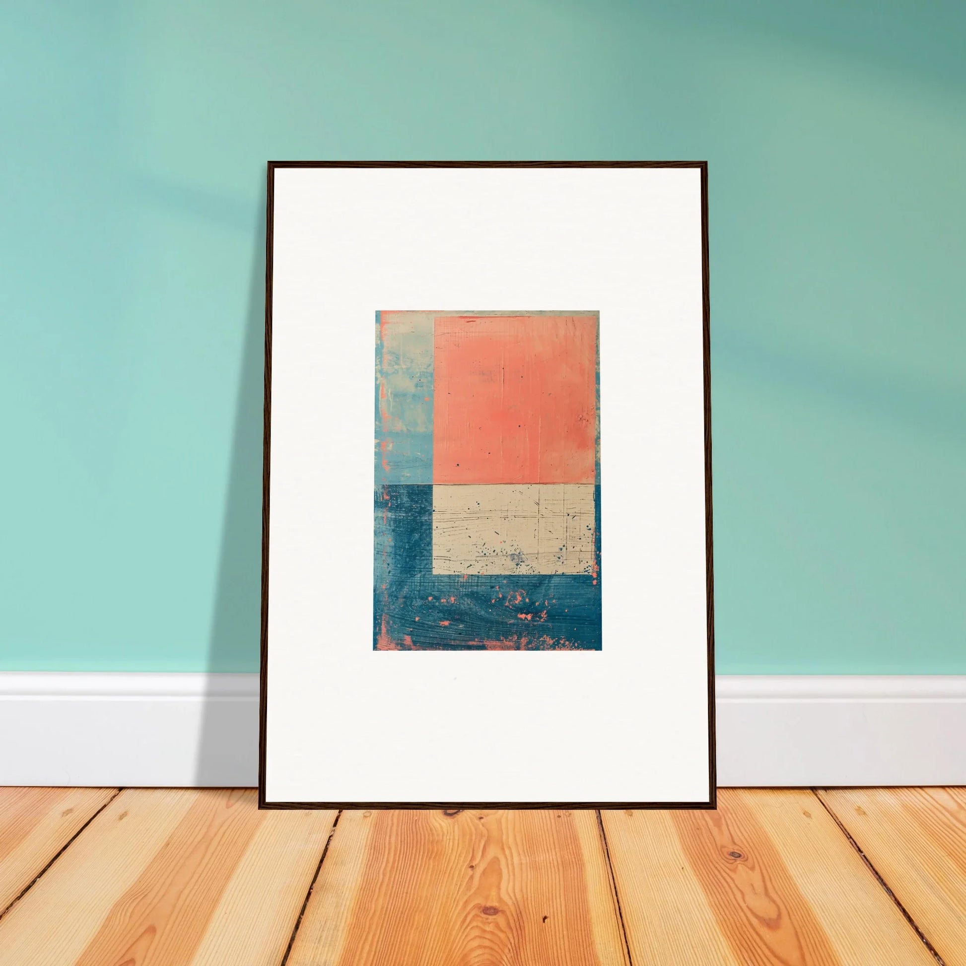 Framed abstract canvas print in coral, blue, and beige for trendy room decoration