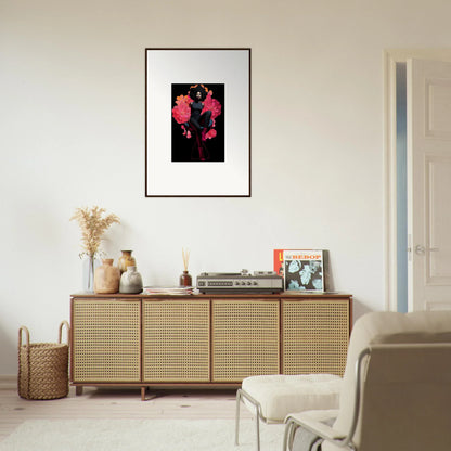 Wooden sideboard with cane-webbed doors and floral artwork for stylish room decoration