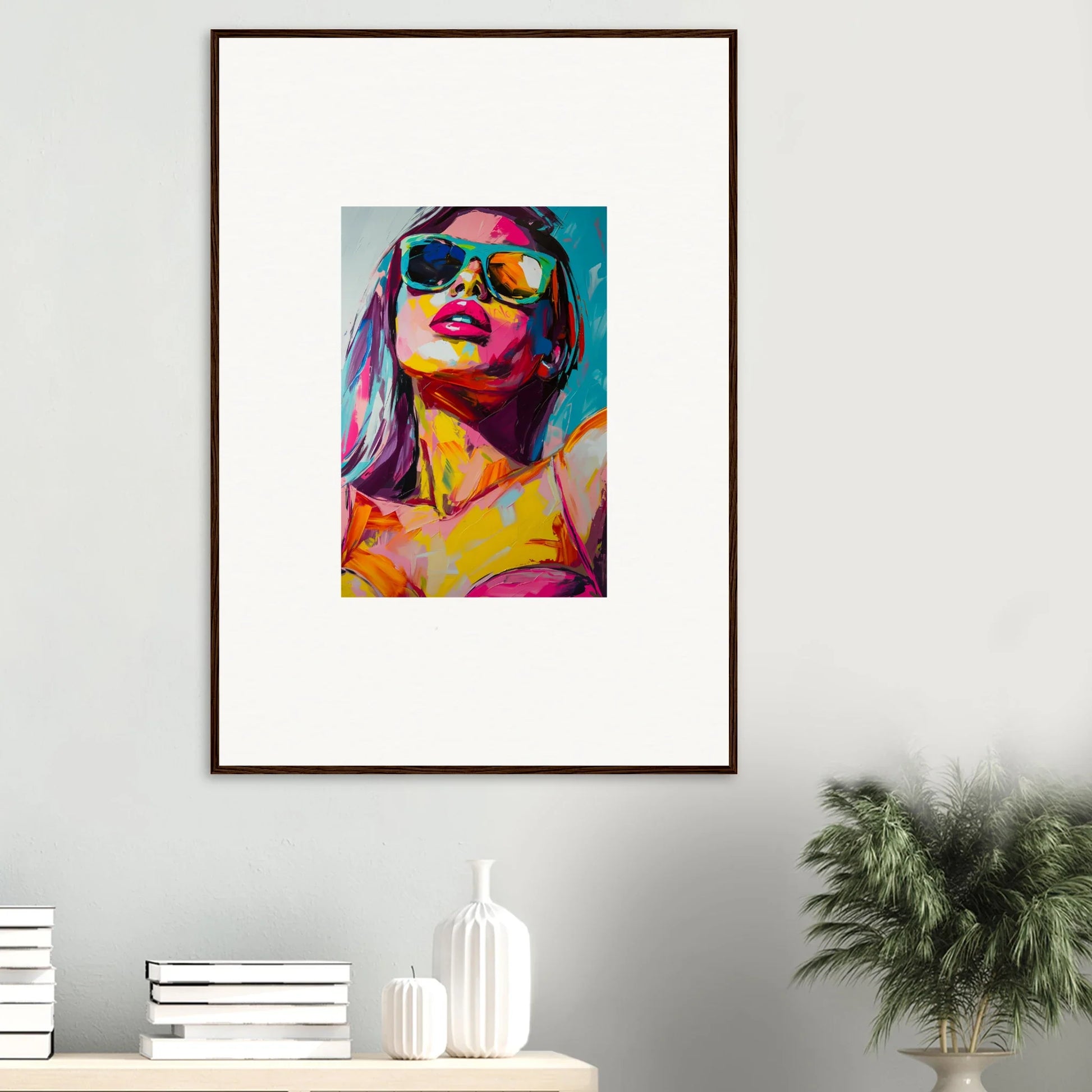 Colorful canvas print of a person in vibrant sunglasses for cool room decoration