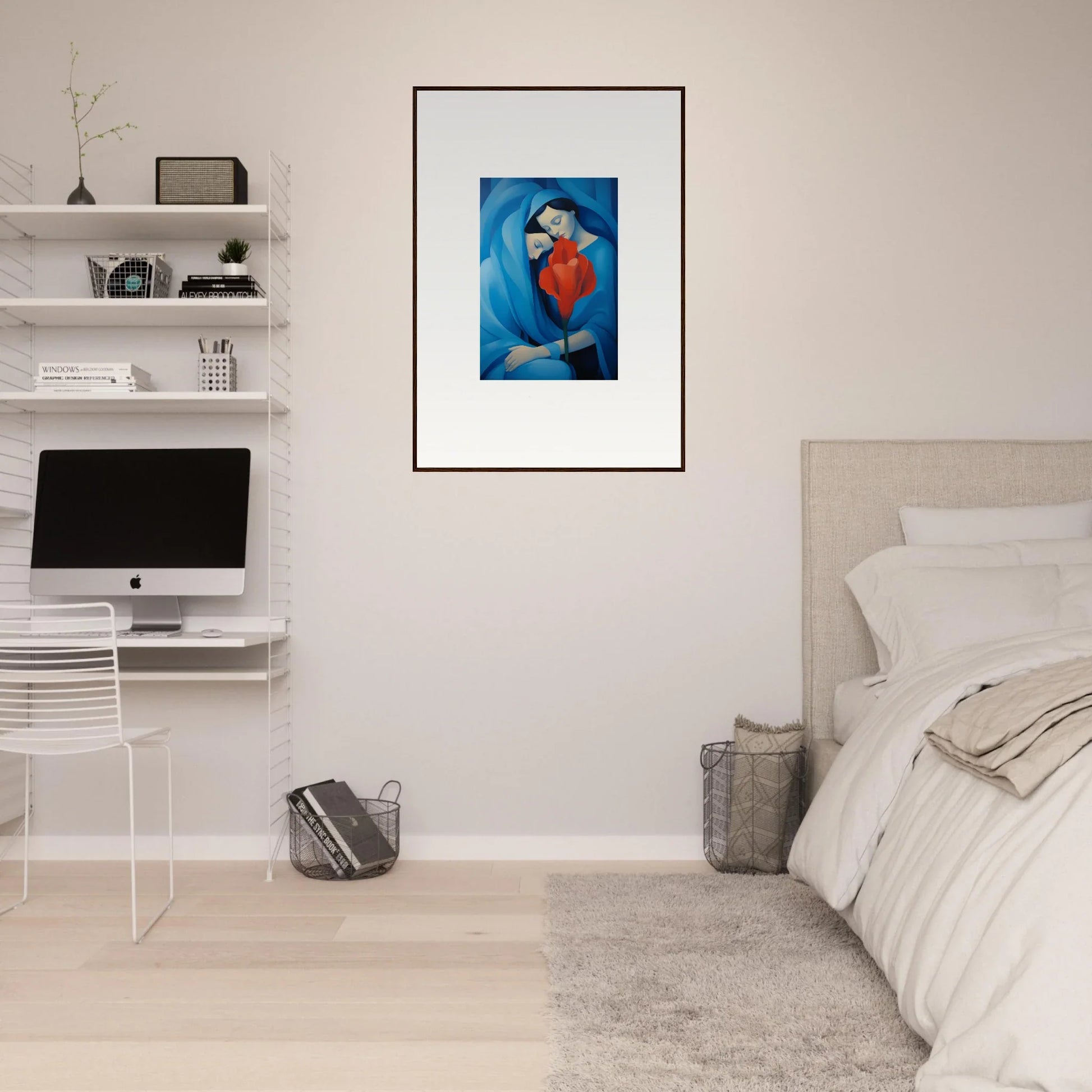 Framed canvas print of a figure in blue with a red object for stylish room decoration