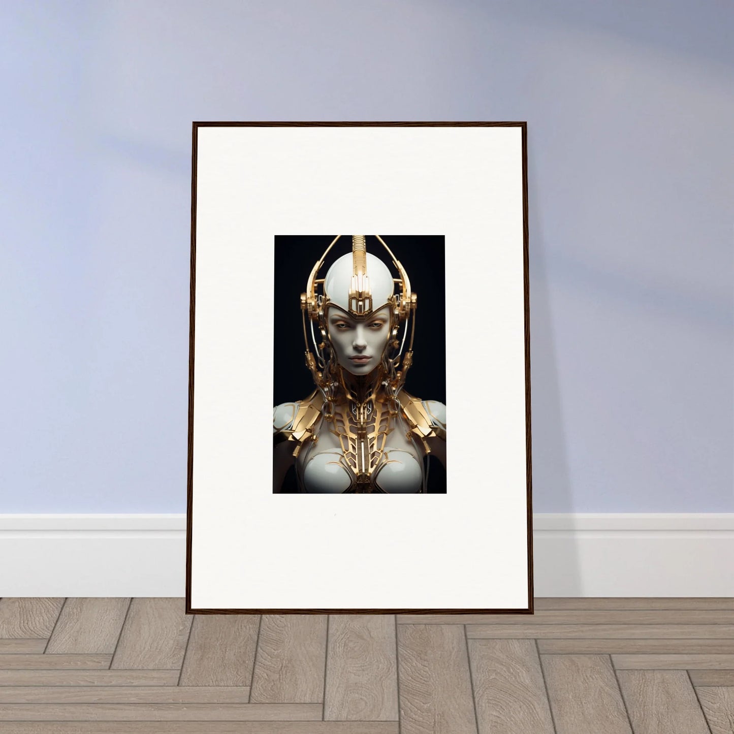 Framed canvas print of a celestial conductress with a golden headdress for unique room decoration