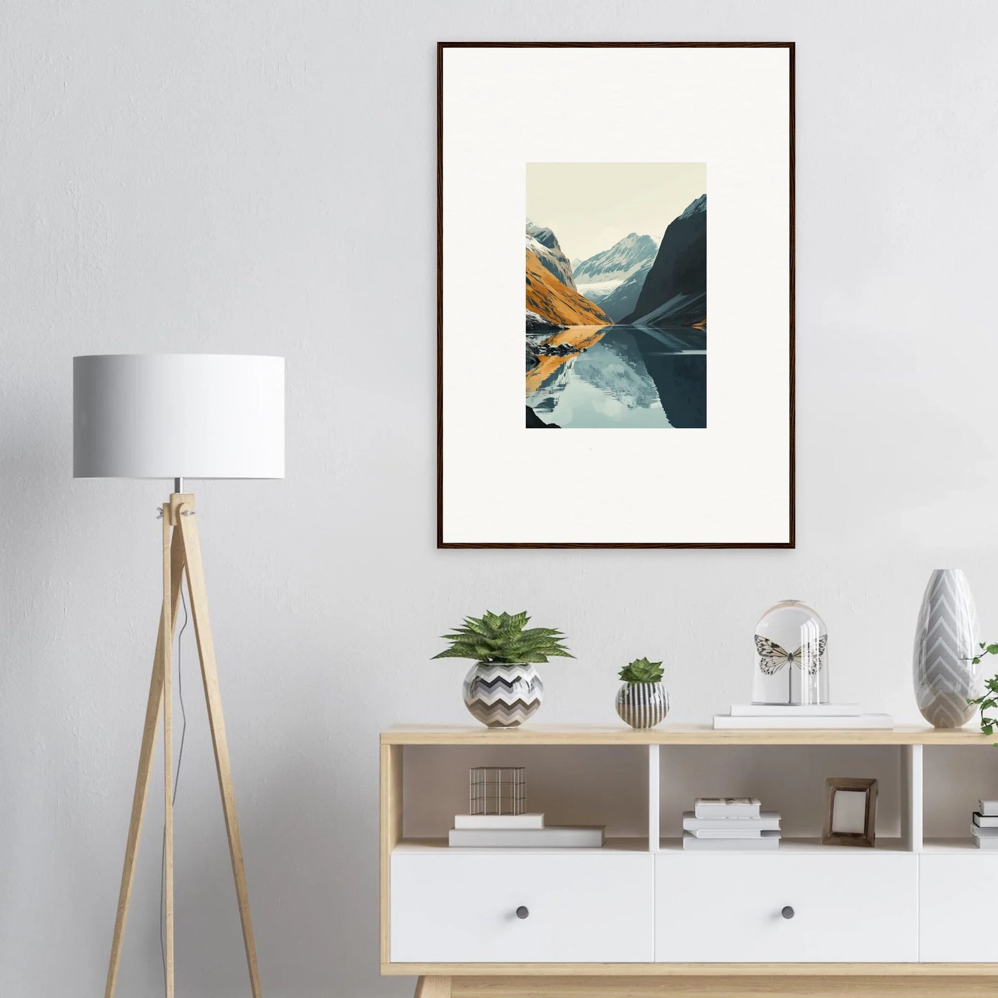 Framed canvas print of Glacier Harmony with mountain reflection for cool room decoration