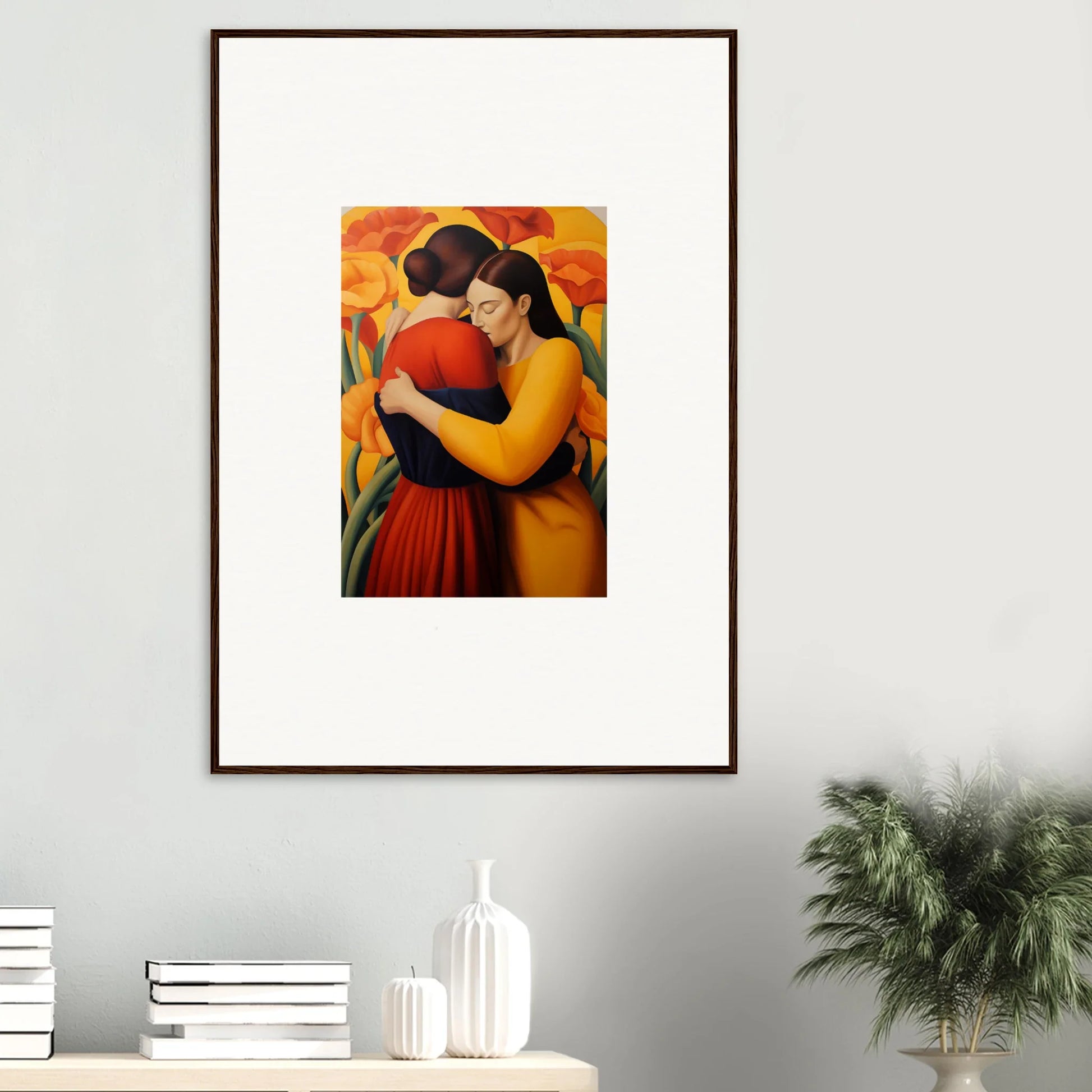 Framed canvas print of embracing figures, perfect for floral fondness room decoration