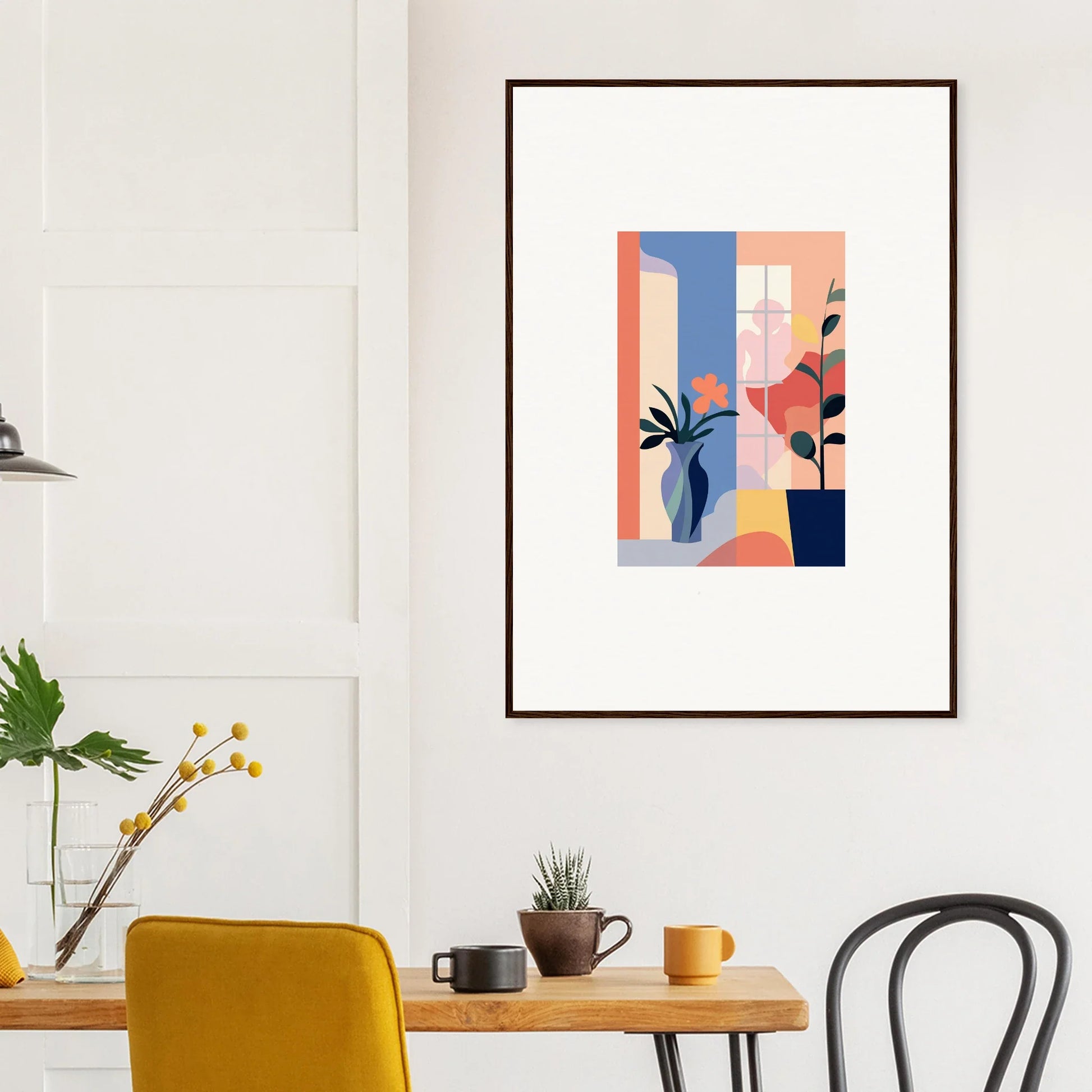 Framed canvas print of Echoic Flower Emblaze with geometric shapes and pastel plants