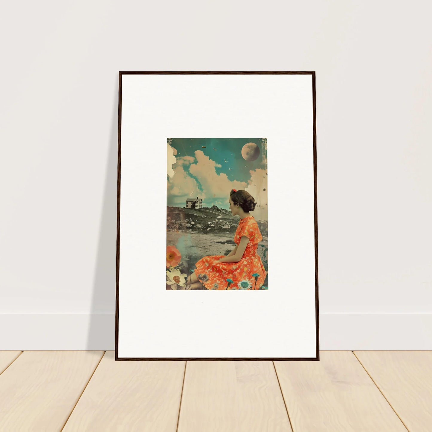 Framed canvas print of a person in colorful dress by the sea, perfect for color reverie room decoration