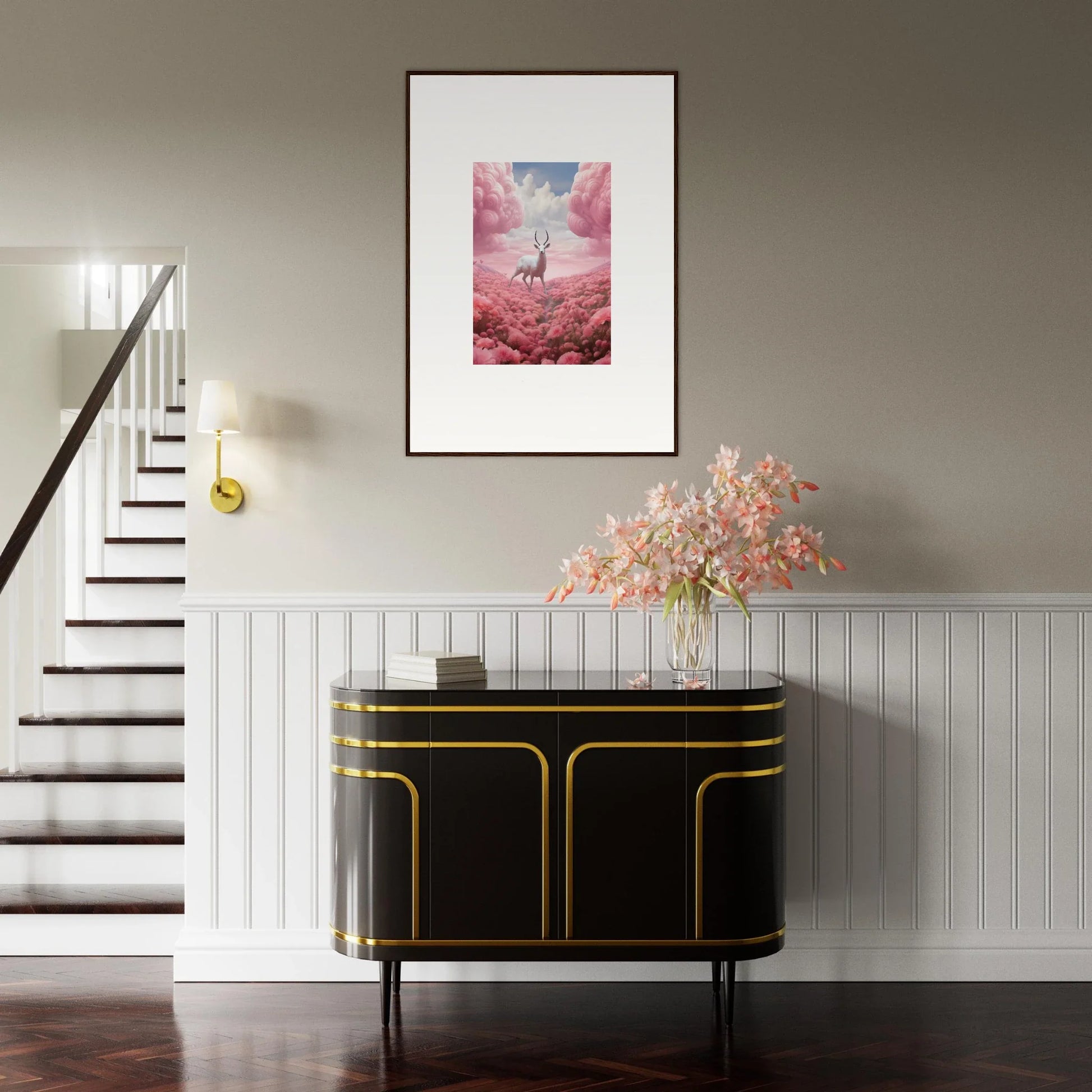 Framed canvas print of a person in a surreal pink landscape for berry collision room decoration