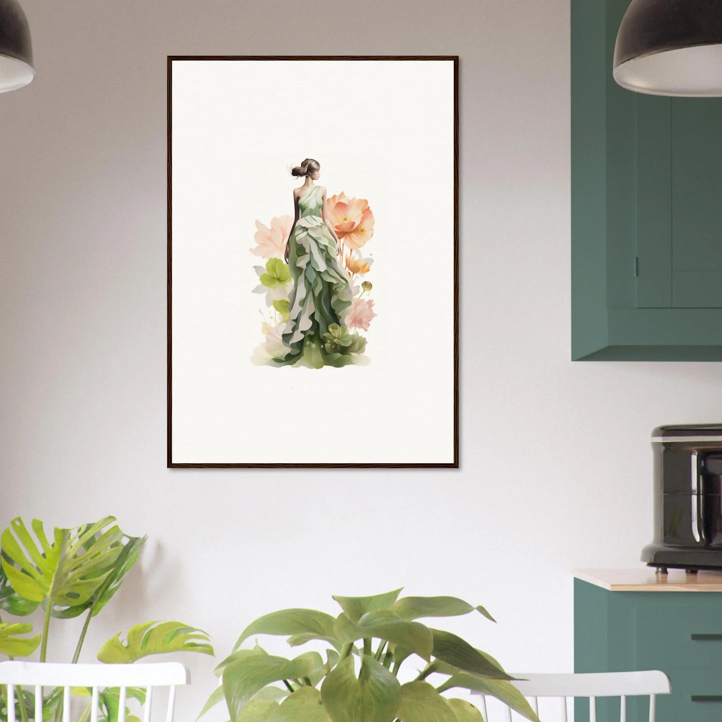 Framed watercolor of a woman in a flowing dress, perfect for spring symphony room decoration