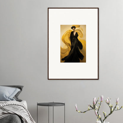 Framed canvas print of a figure in a black dress, perfect for room decoration with sun waves