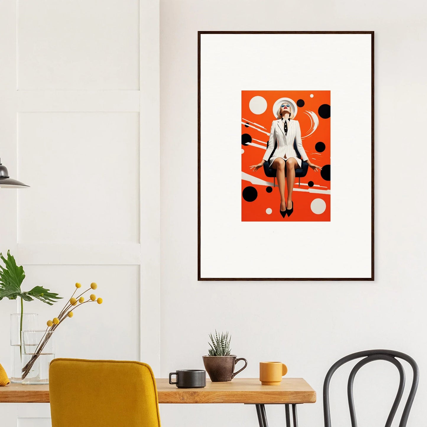 Framed canvas print of a figure in a white suit on an orange background for room decoration