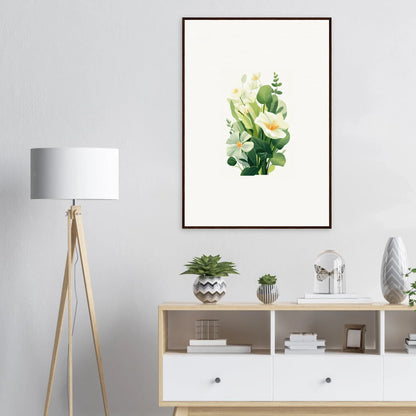 Framed botanical watercolor of a white flower, perfect for Garden Whispers room decoration