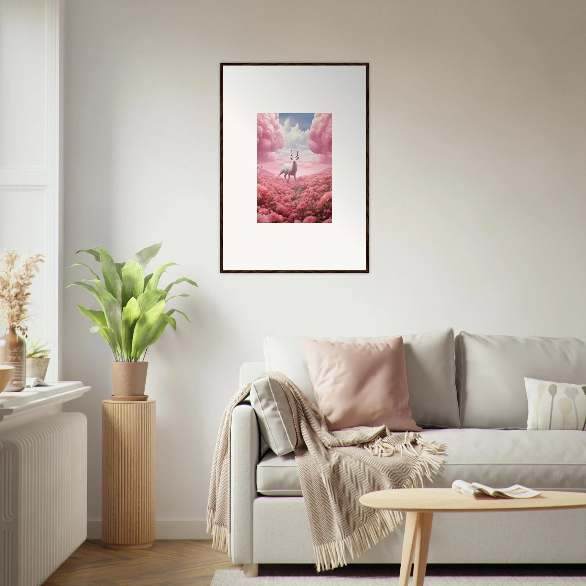 Framed canvas print of a person floating over pink clouds for cool room decoration