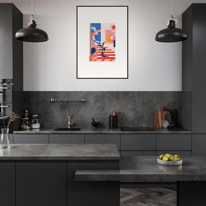 Modern kitchen with dark cabinetry and a vibrant canvas print for room decoration