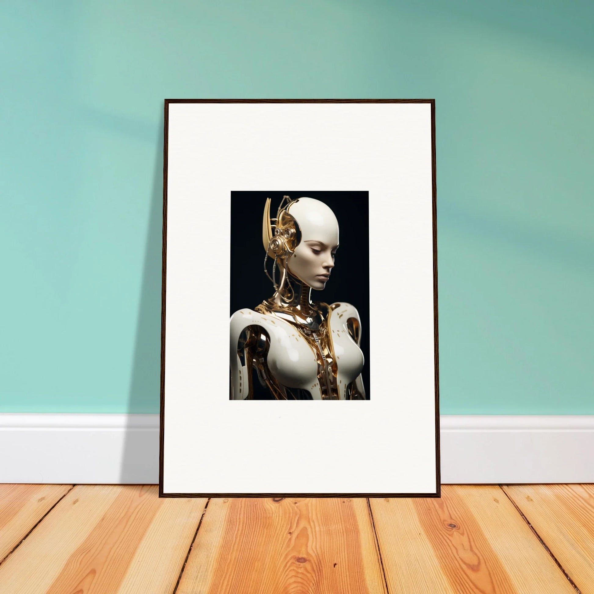 Framed canvas print of a futuristic humanoid robot for unique room decoration