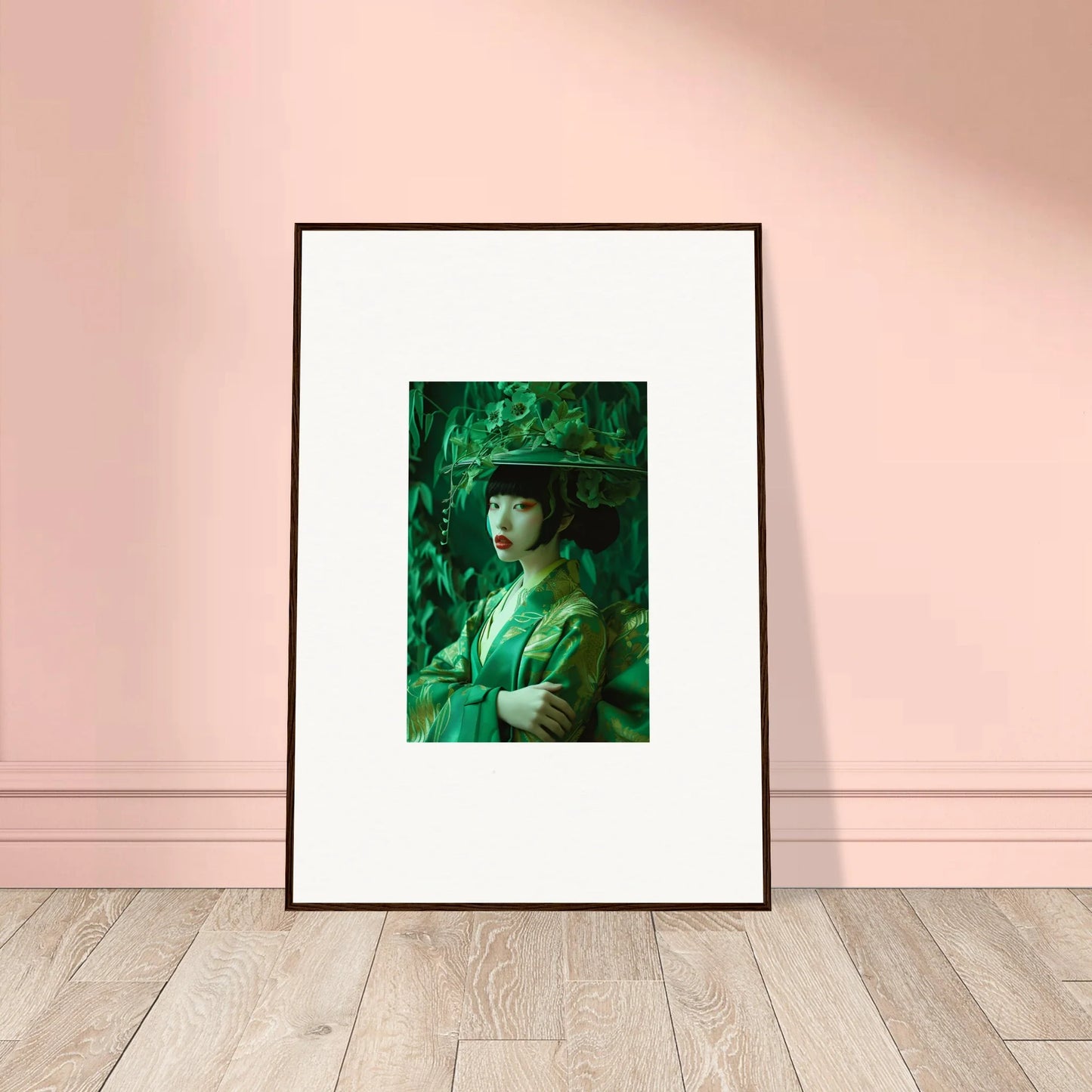 Framed canvas print of a person in green, perfect for room decoration and whispering spectacle