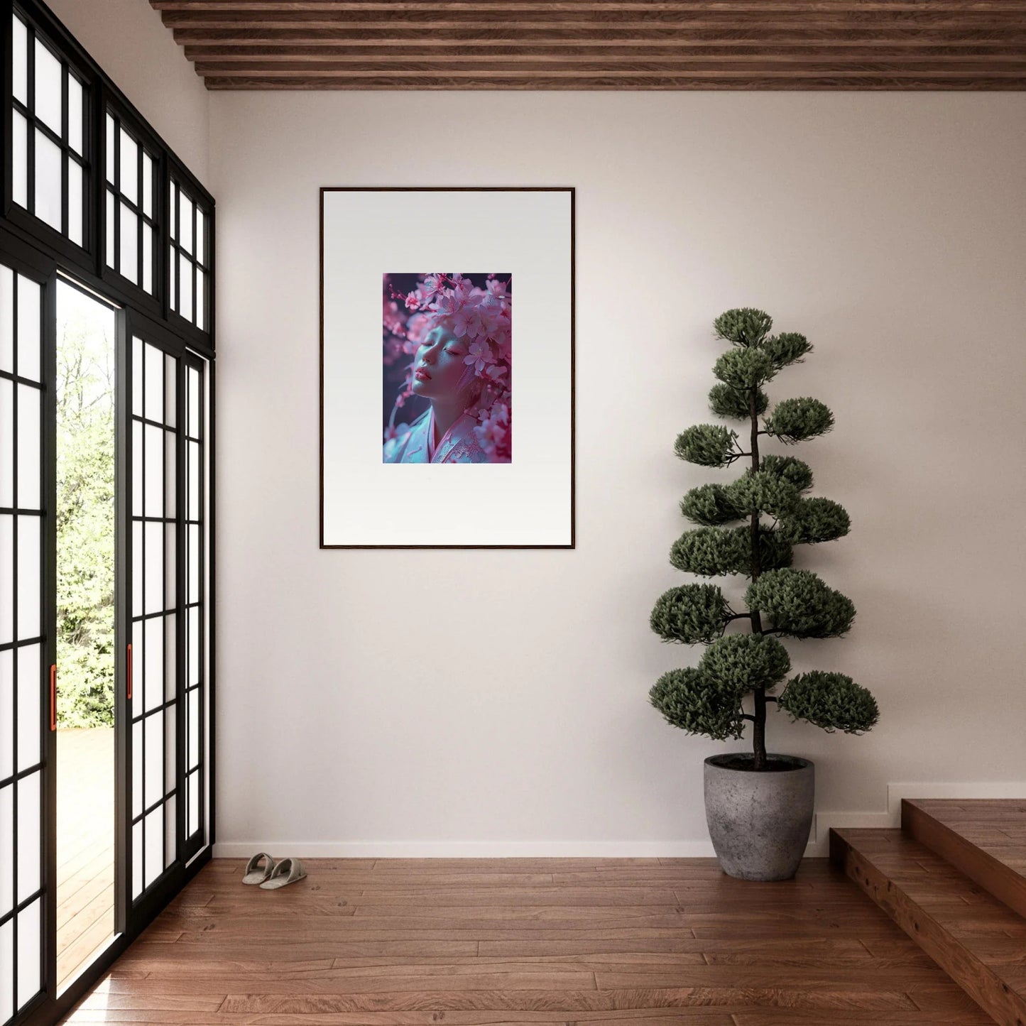 Framed canvas print of Sakura Dreams in purple and blue, perfect for room decoration