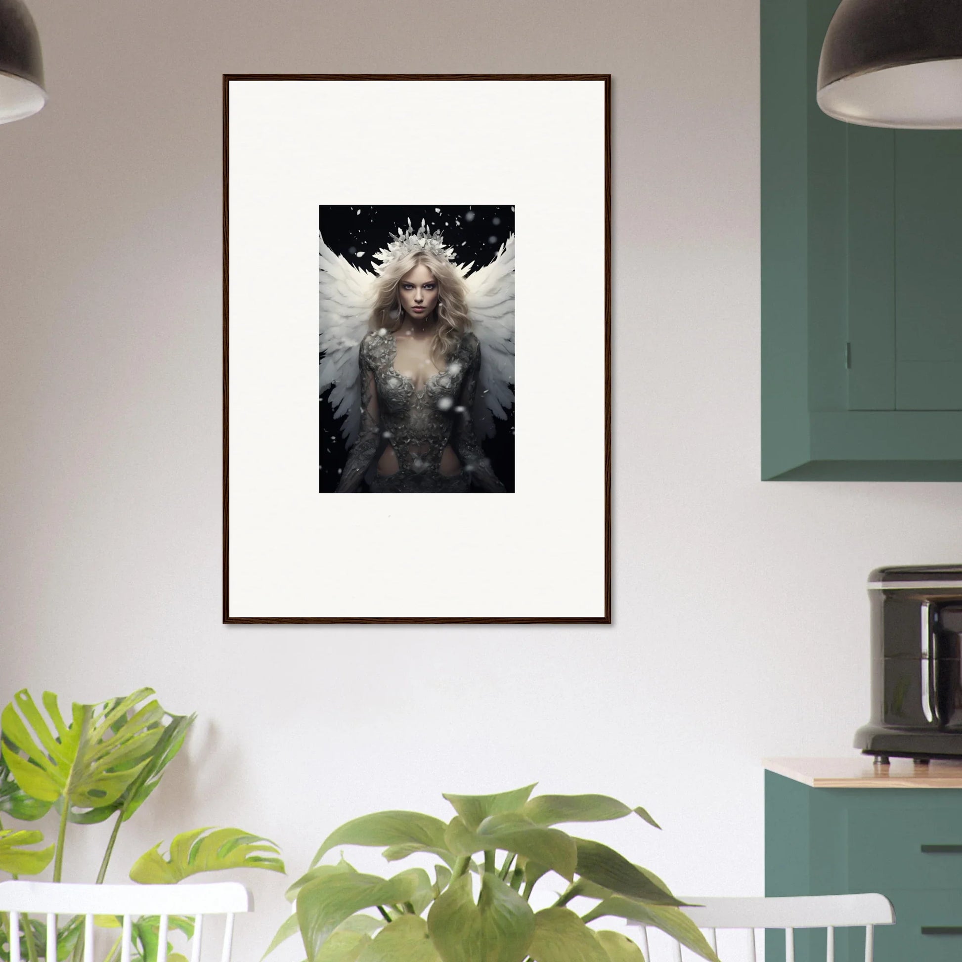 Framed canvas print of a feathery specter with an elaborate headdress for room decoration