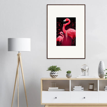 Framed wall art of vibrant pink flamingos, perfect for fun room decoration