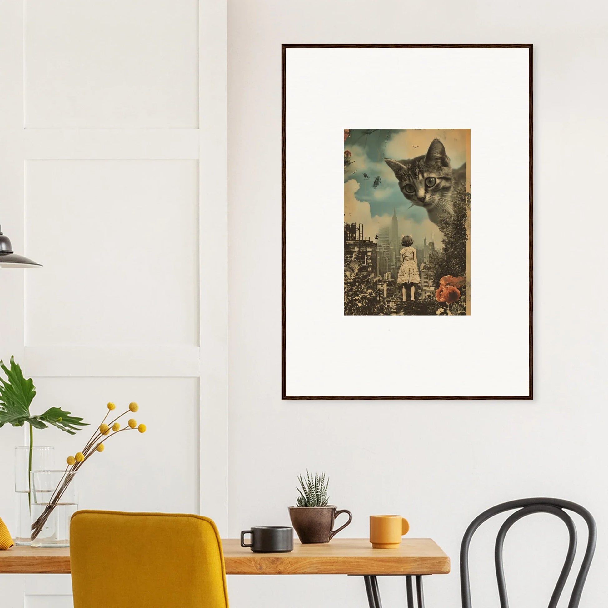 Framed canvas print of a giant cat over a cityscape for unique room decoration