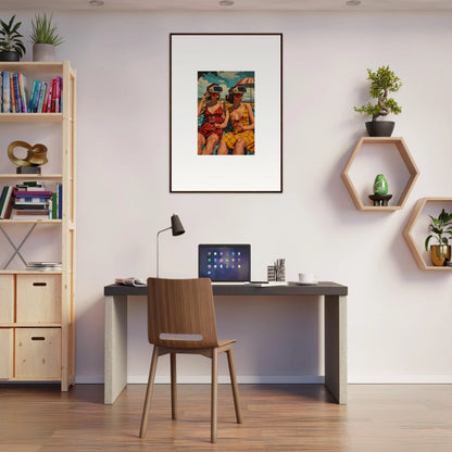 Home office workspace with morning sunshine, desk, chair, and stylish room decoration