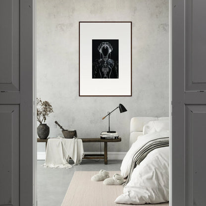 Framed black and white canvas print of a skeletal figure with photon glitters halo