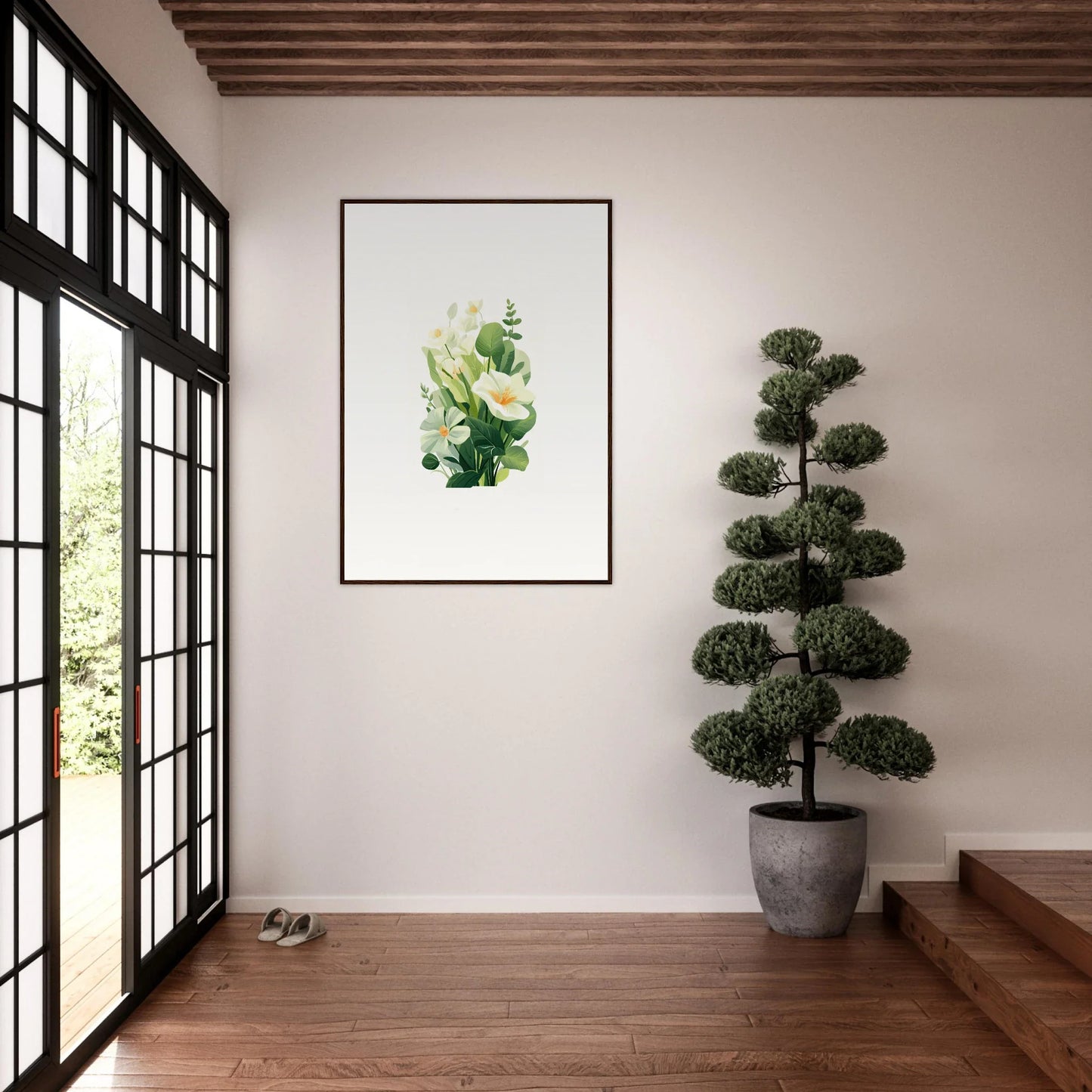 Framed botanical print of green leaves and yellow flower for stylish room decoration