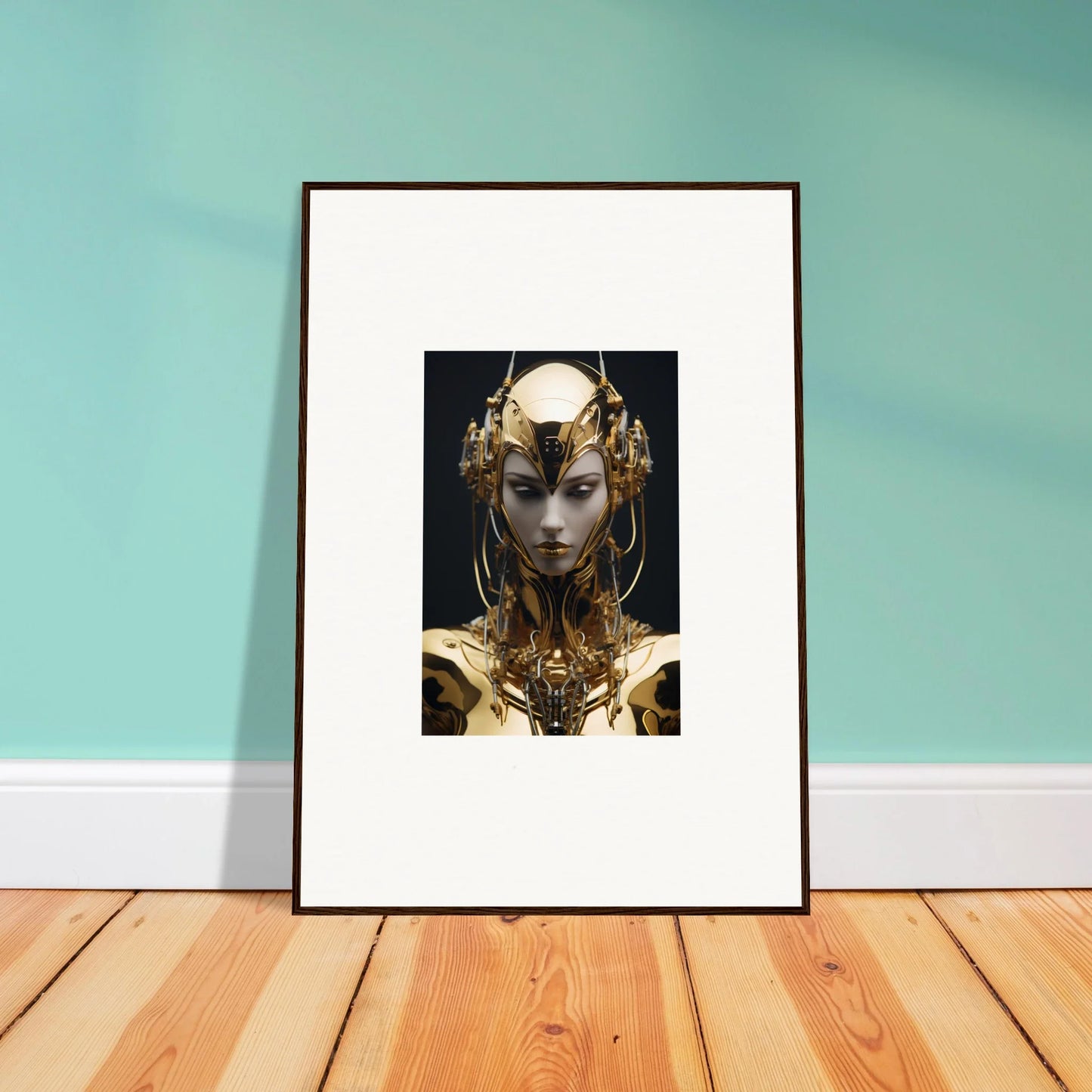 Futuristic golden robotic figure artwork, perfect for room decoration as a canvas print