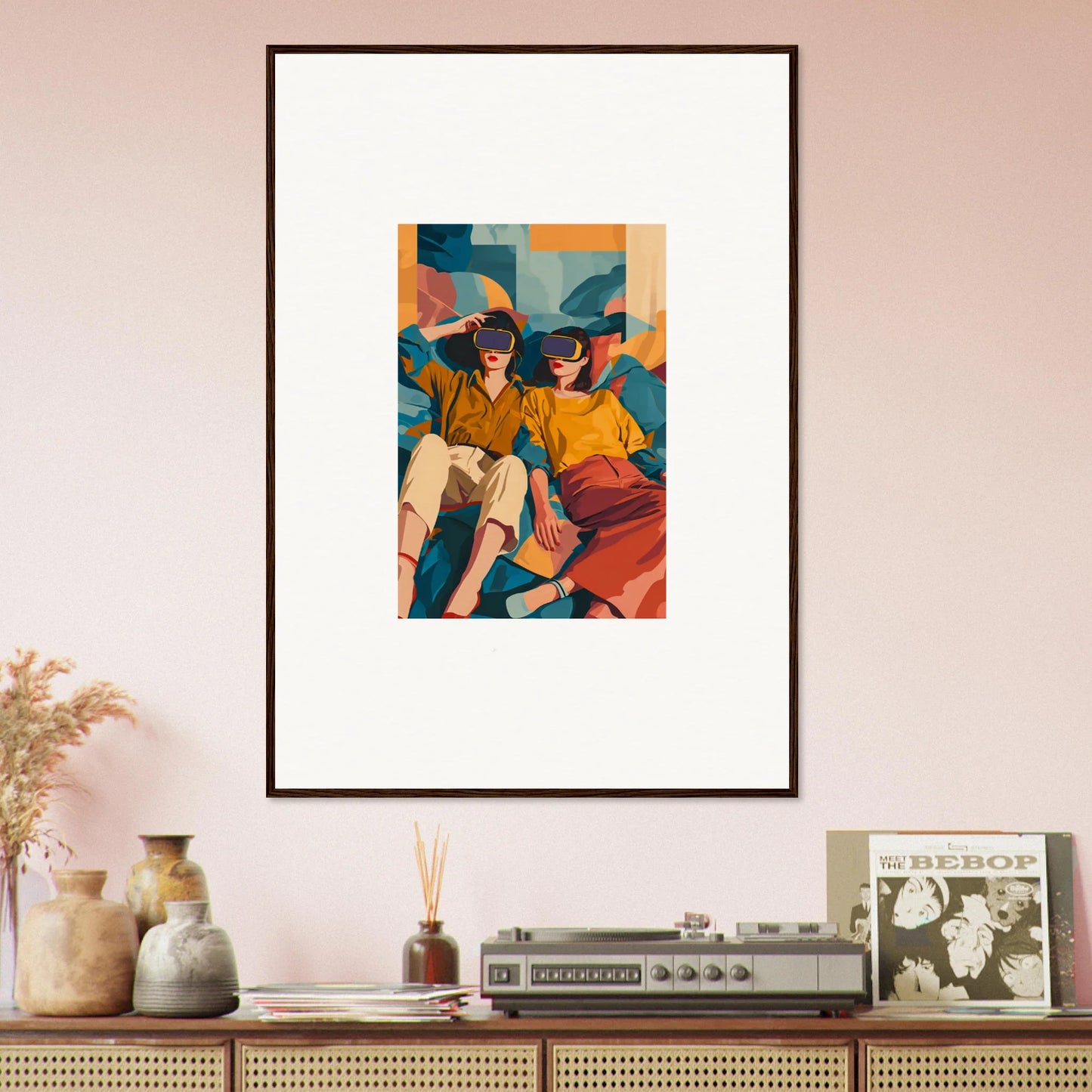 Framed canvas print of Cosmic Lovers Reve in colorful geometric style for room decoration