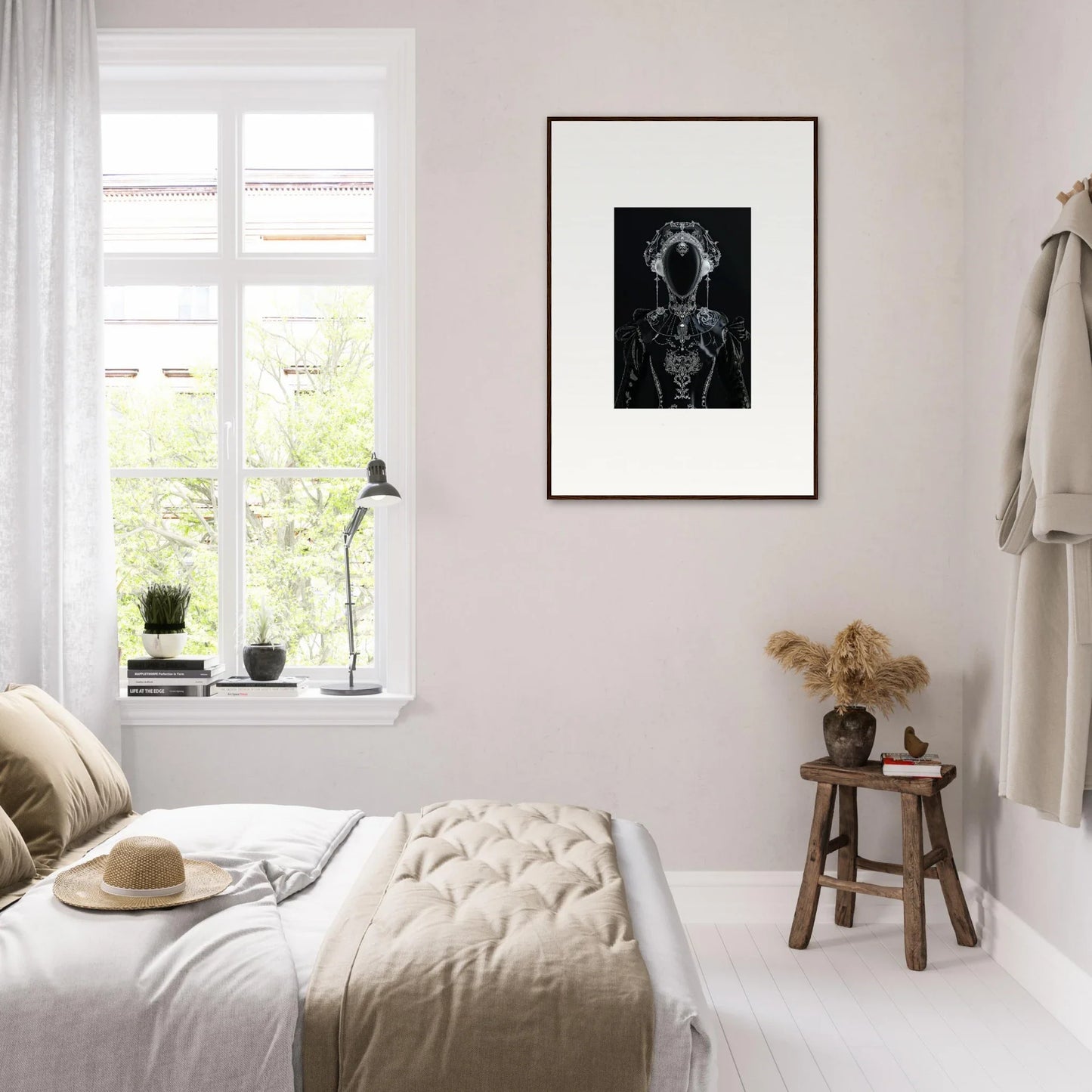 Cozy bedroom with a dog portrait canvas print and photon glitters for room decoration