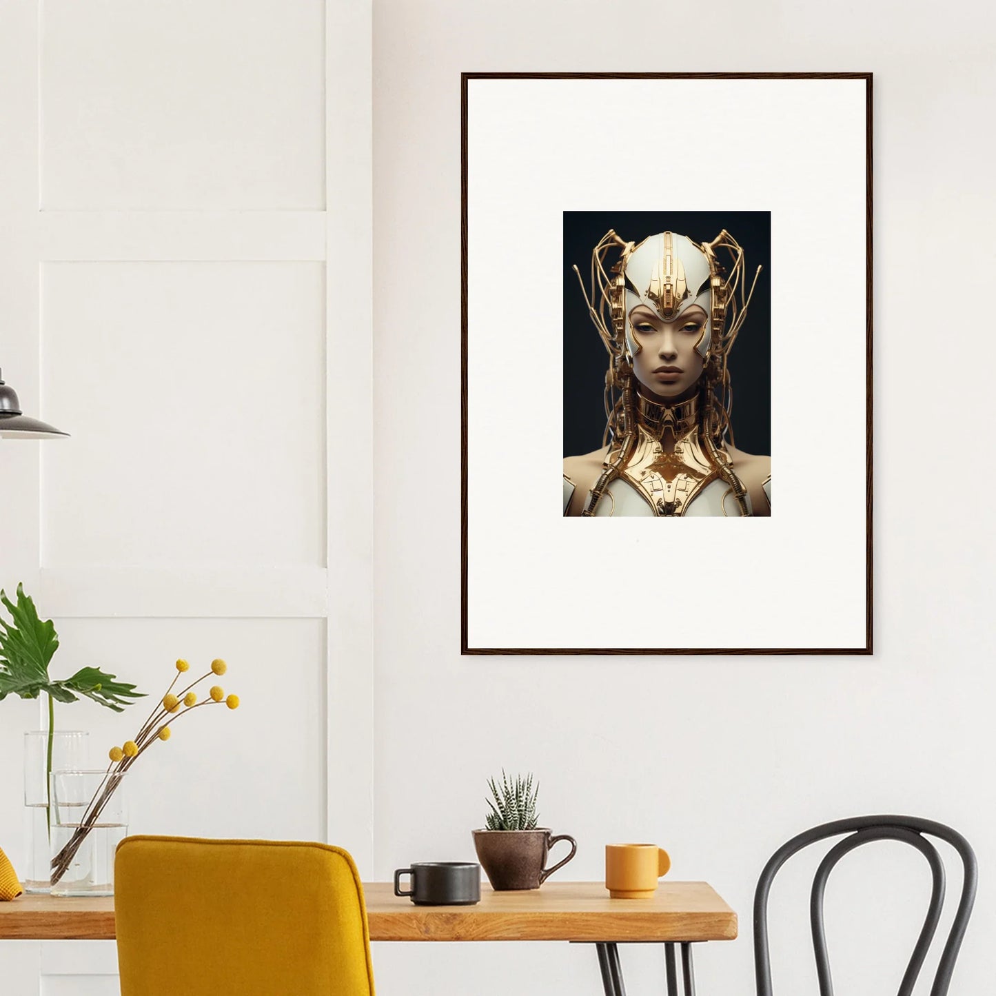 Framed canvas print of Future Echoes Muse with ornate headdress for stylish room decoration