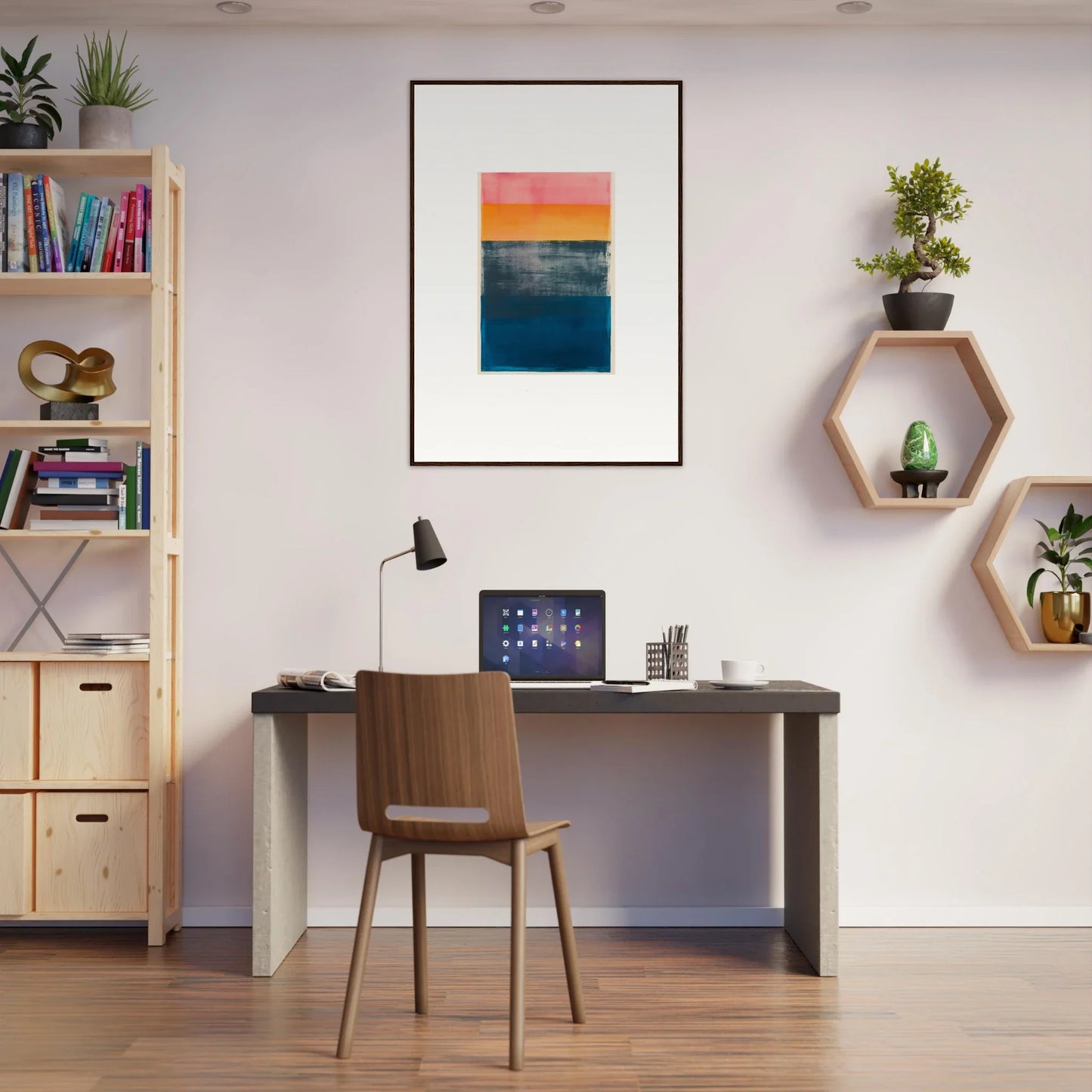 Home office workspace with blue frequencies canvas print and stylish decor elements