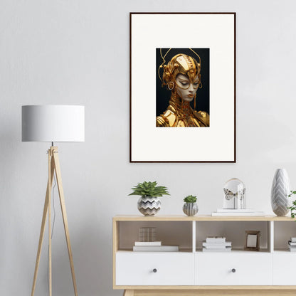 Framed artwork of a golden humanoid for Moulin Mystique room decoration canvas print