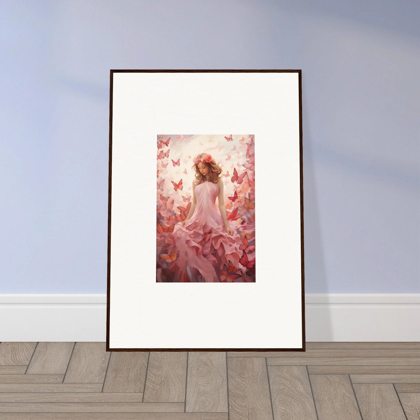 Framed canvas print of woman in pink dress with butterflies for autumn lattice room decoration