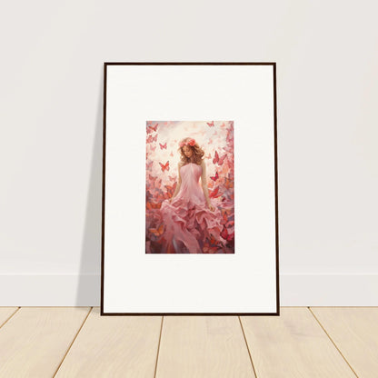 Framed canvas print of a figure in a pink dress with butterflies, perfect for autumn lattice room decoration