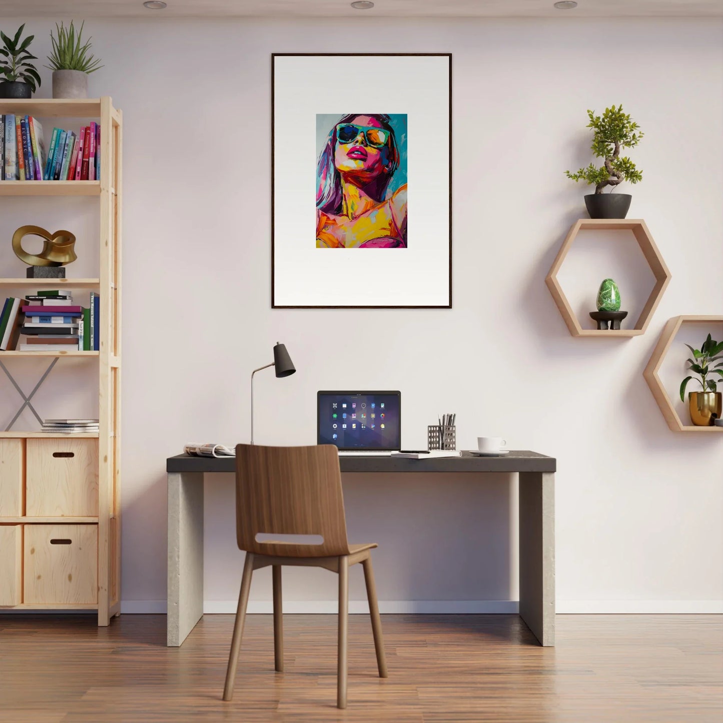 Modern home office with stylish desk, chair, and vibrant canvas print for room decoration