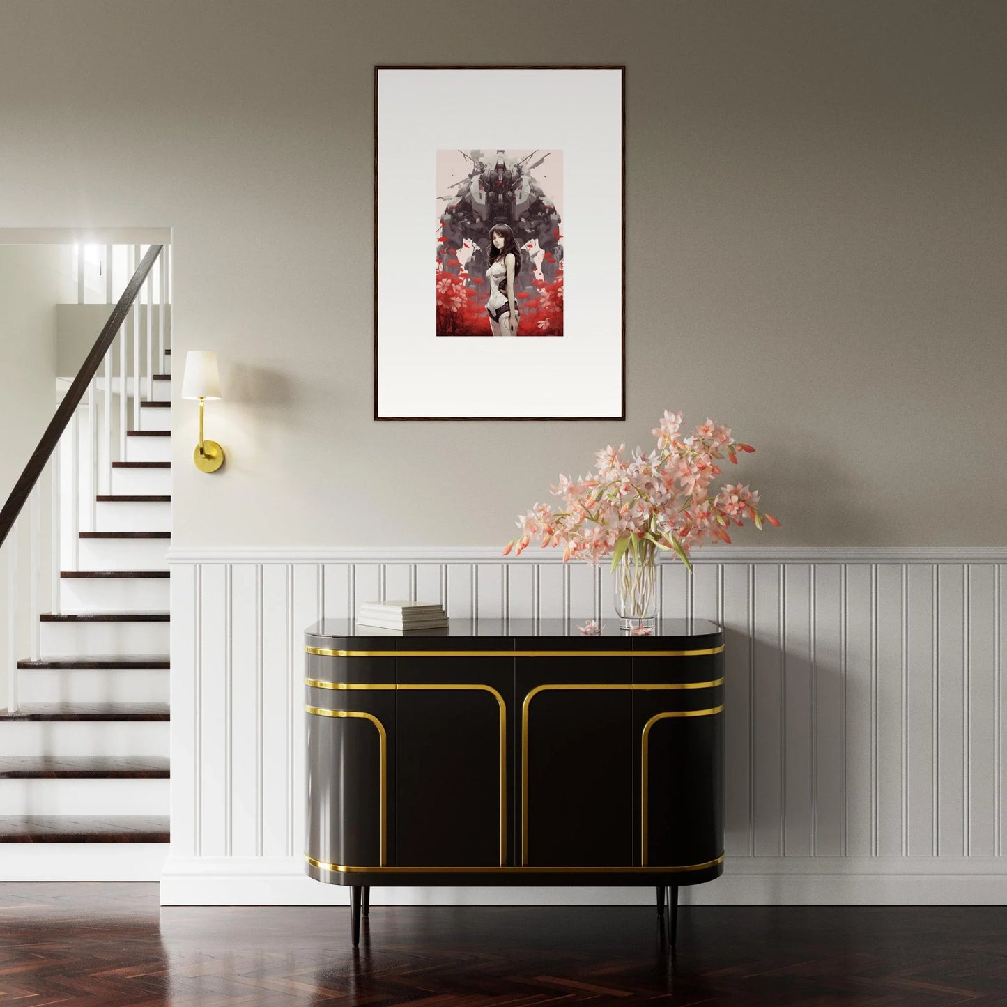 Ominous figure over small person in red, perfect for Amour Reverie room decoration canvas print