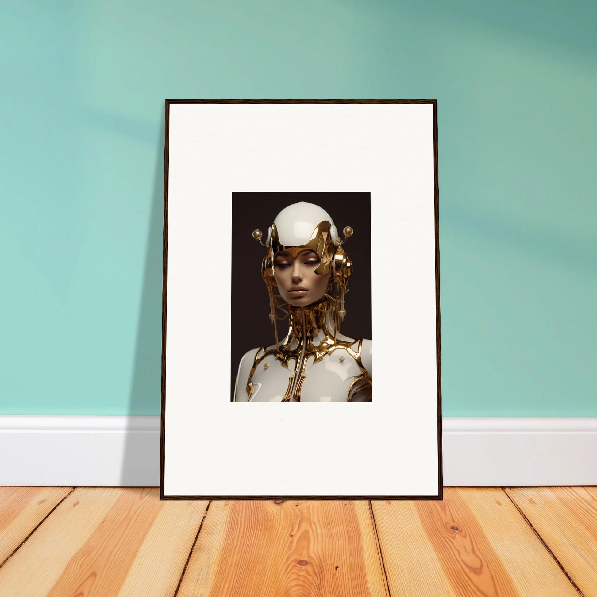 Framed canvas print of a metallic figure, perfect for unique wall art and room decoration