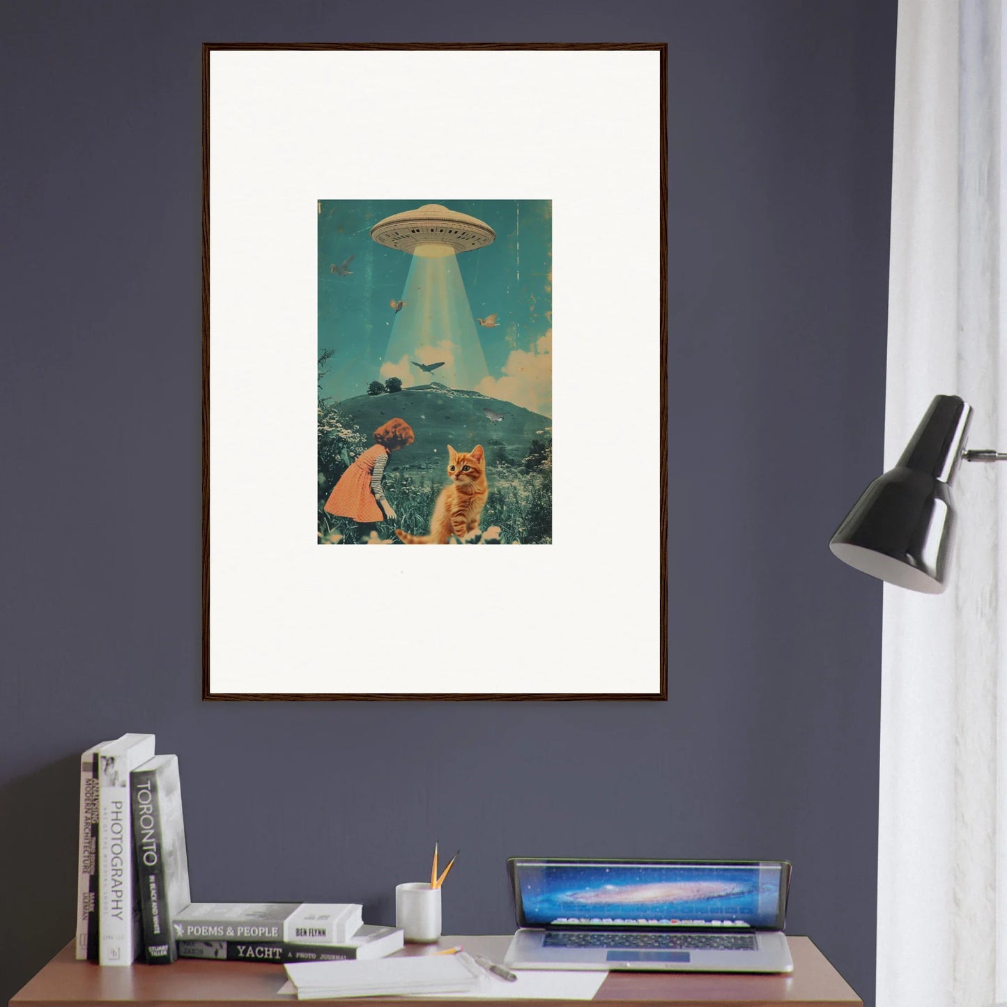 Framed canvas print of cats watching a UFO for unique room decoration with Voyaging Moonflex