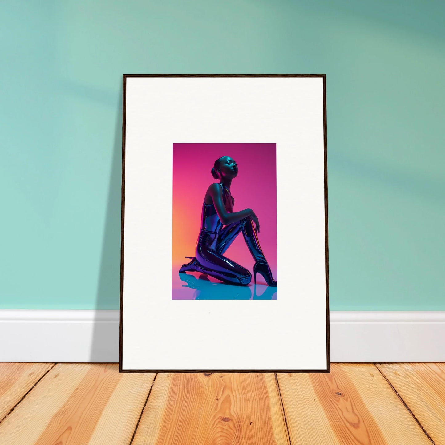 Framed Neon Vortex canvas print with a blue figure on a vibrant pink and orange background