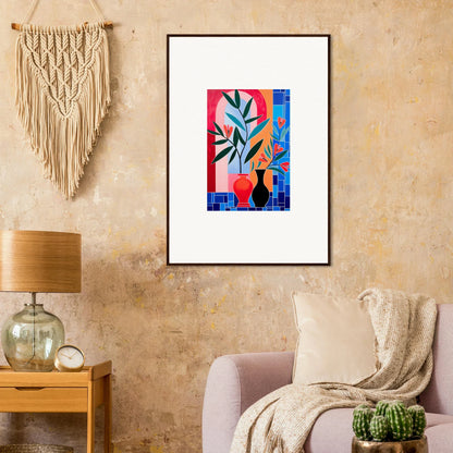 Framed wall art of colorful abstract ceramic blooms and plant shapes for vibrant room decor