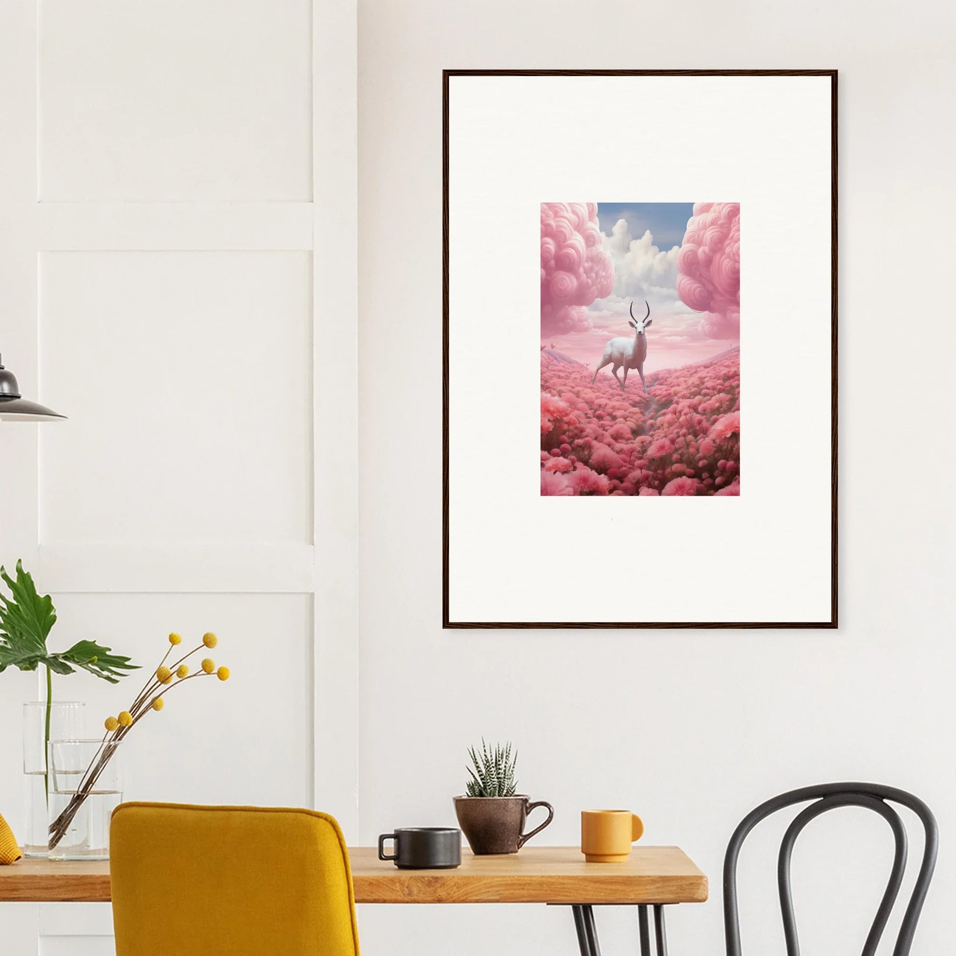 Framed canvas print of a white deer in a surreal pink landscape for unique room decoration