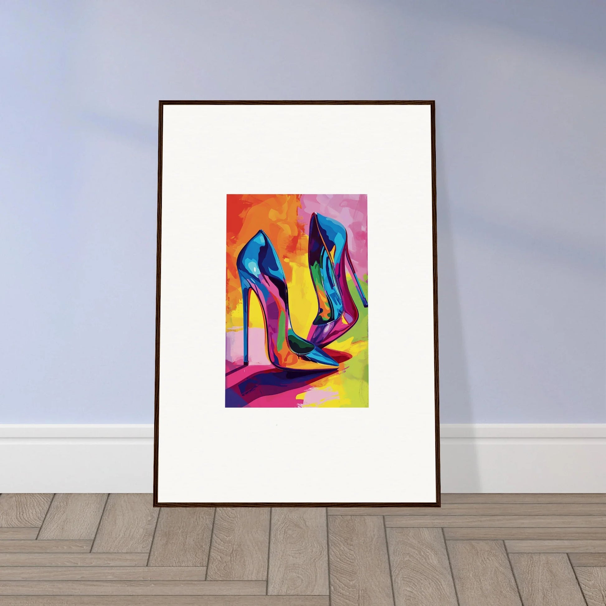 Framed canvas print of Eclipse Shoes in a colorful abstract design for room decoration