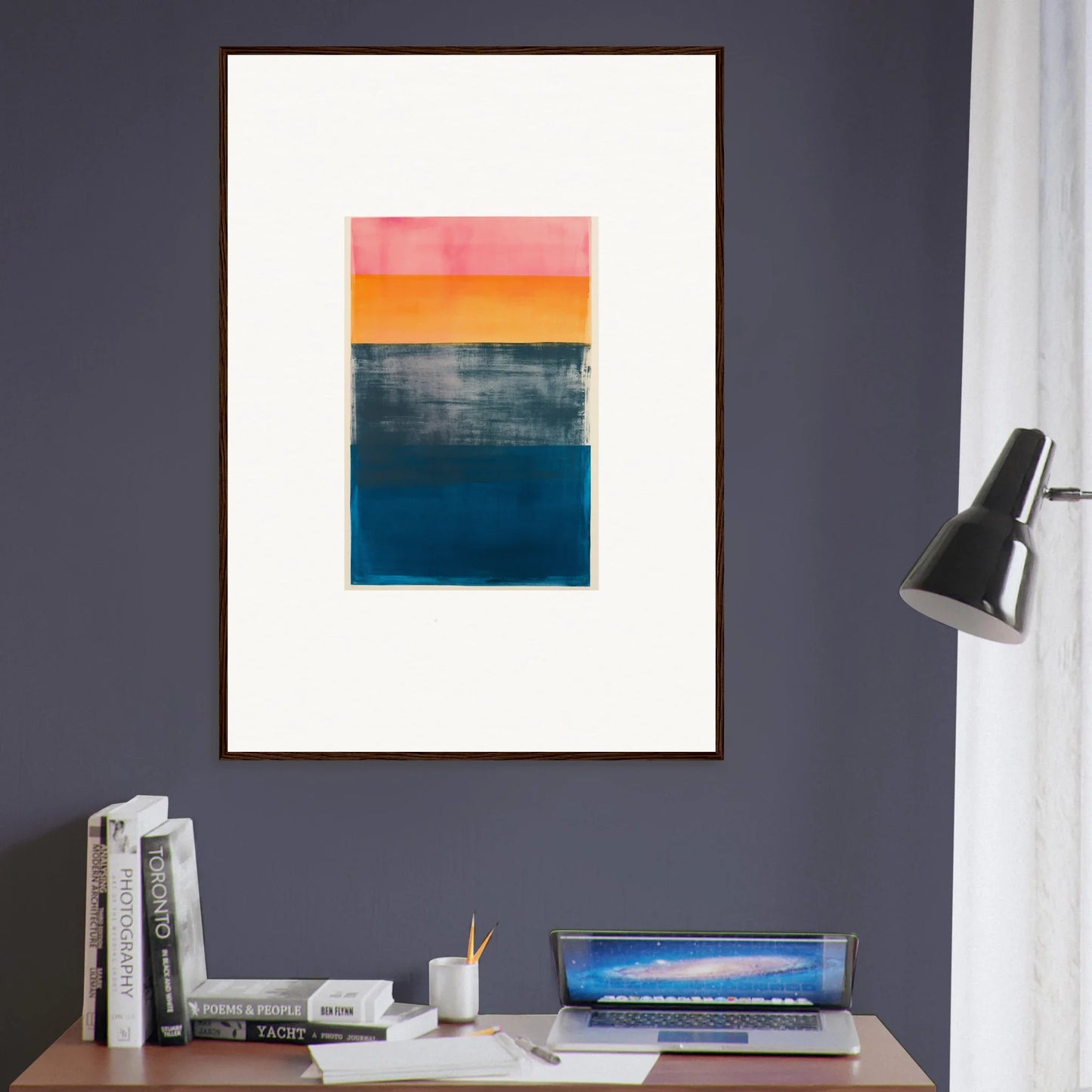 Abstract painting of pink, orange, gray, and blue frequencies for stylish room decoration