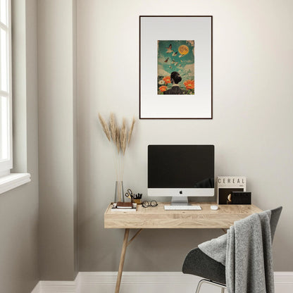 Minimalist home office with a wooden desk, computer, and Bloom Reverie canvas print