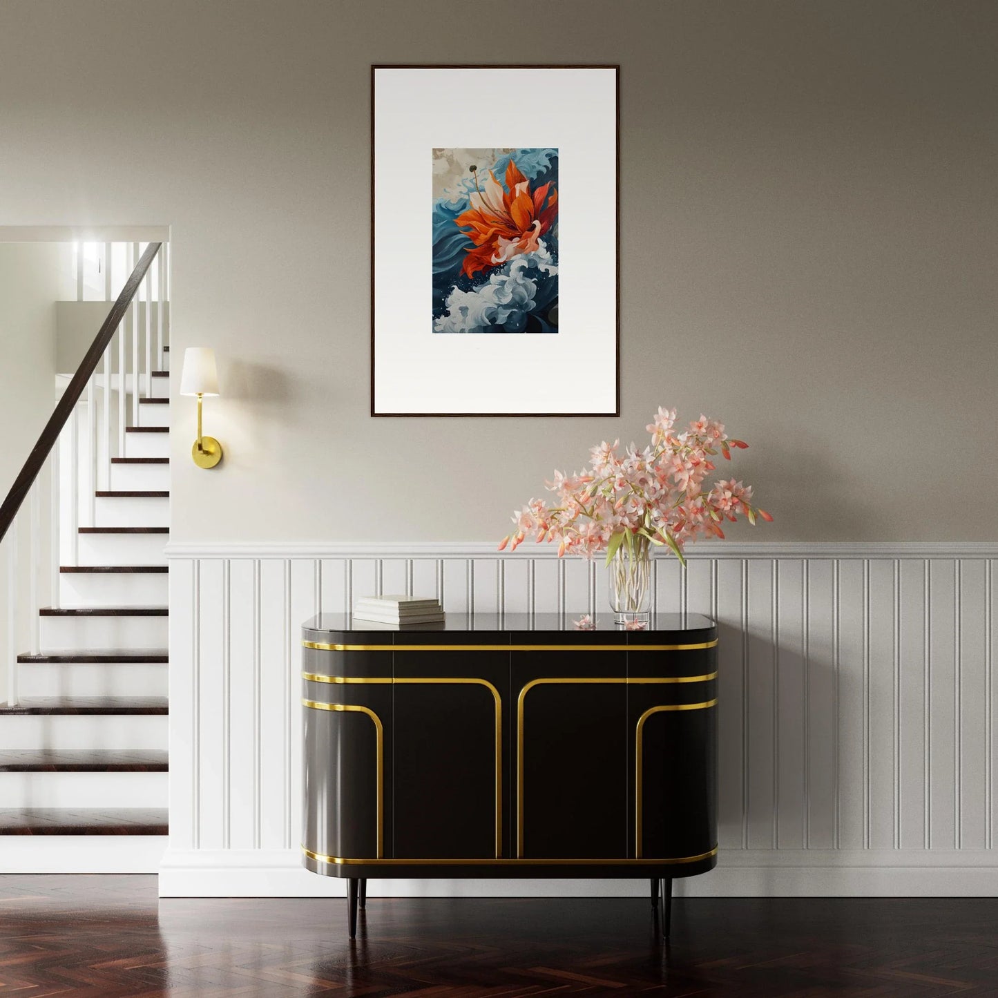 Framed canvas print of Elusive Petal Odyssey in vibrant blues and oranges for room decoration