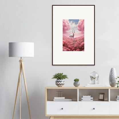 Framed canvas print of a white deer in a pink landscape, perfect for berry collision room decoration