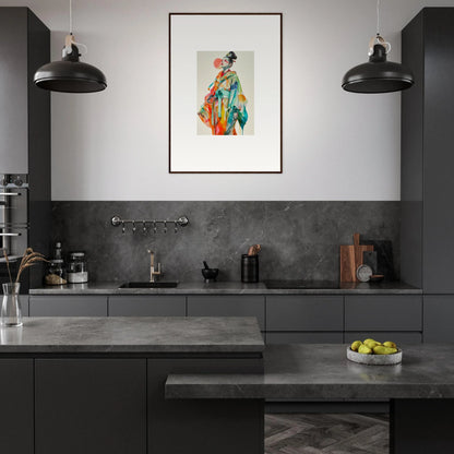 Modern kitchen with dark cabinets and a vibrant Rainbow Essence canvas print for room decoration