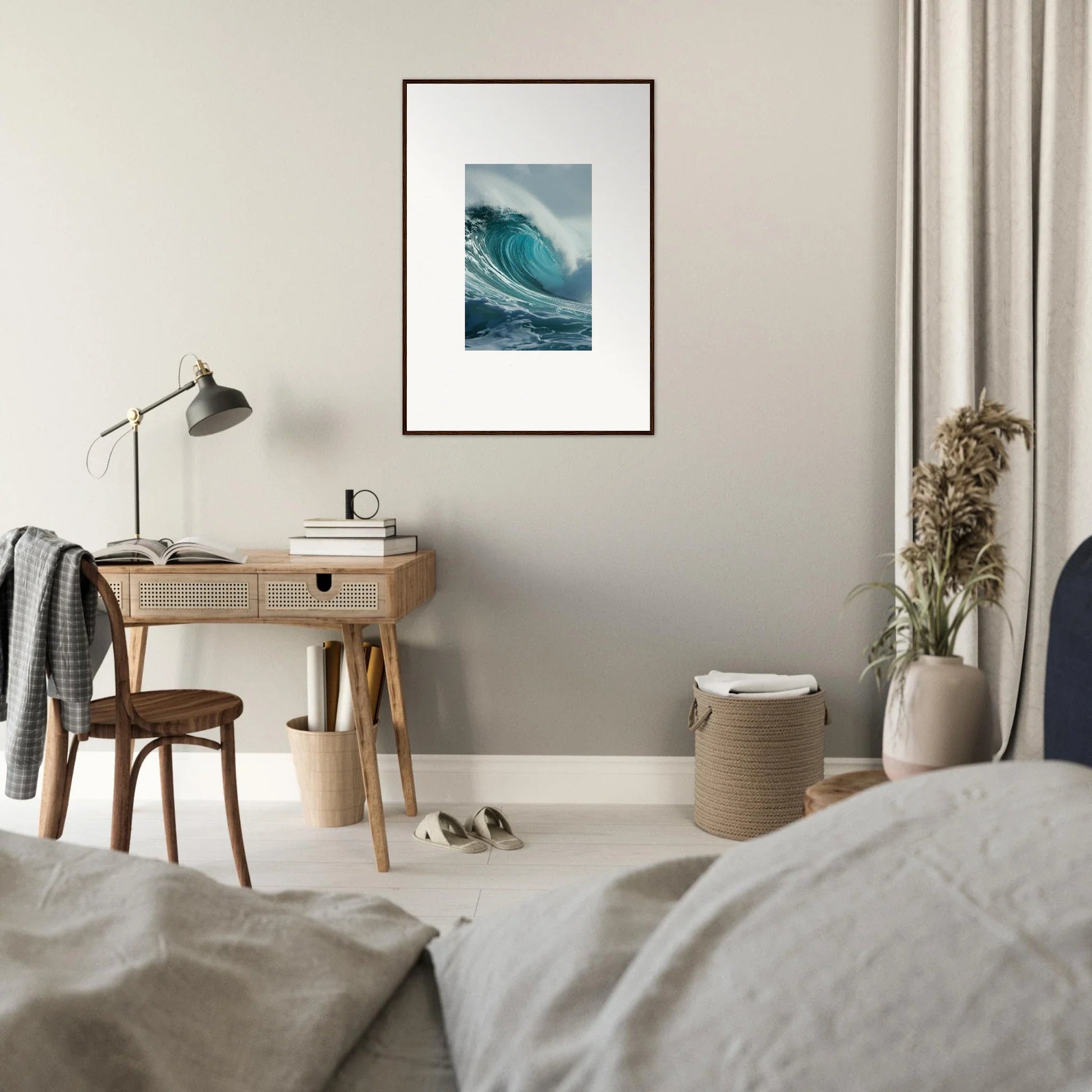 Framed photograph of a crashing ocean wave for stylish room decoration or wall art