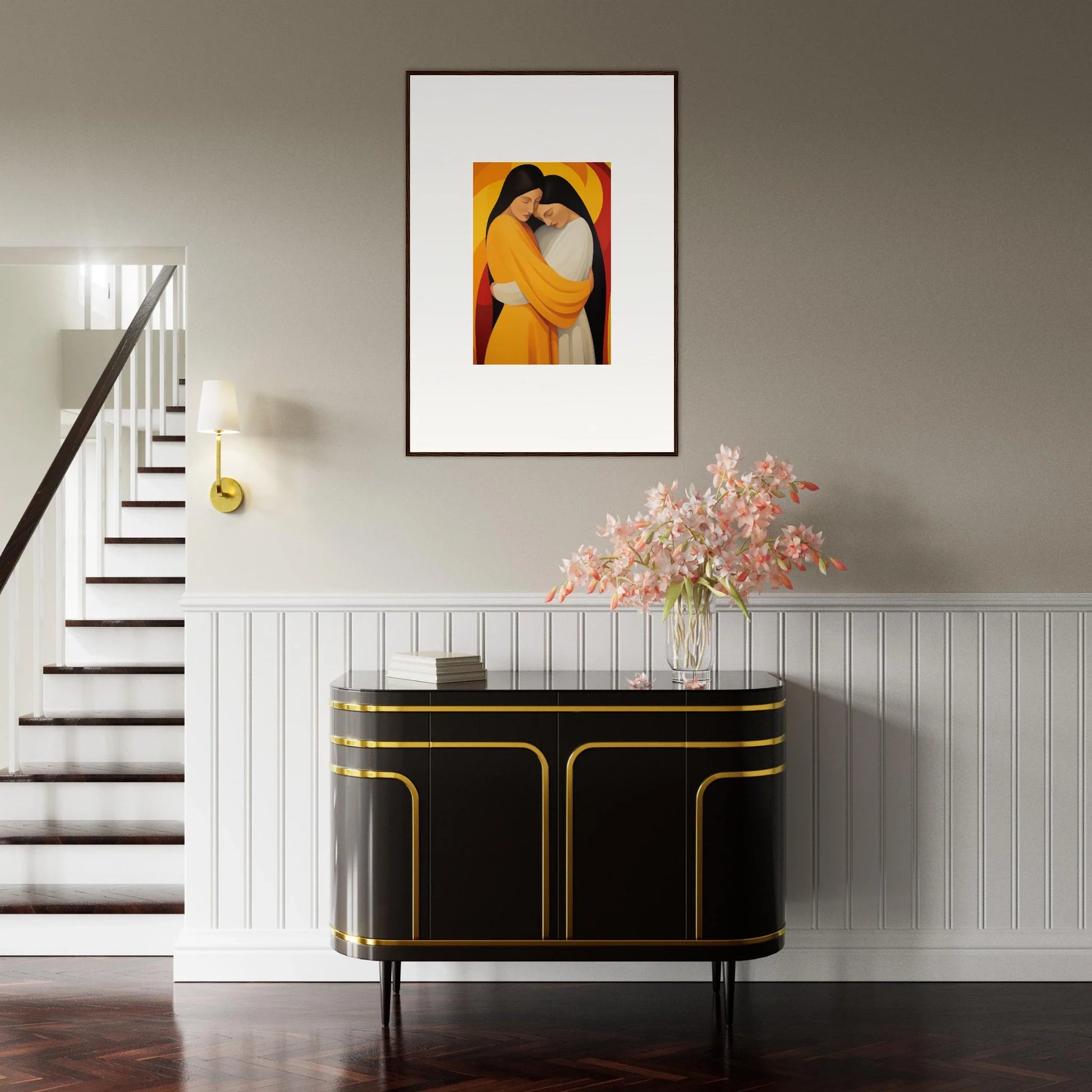 Stylish black and gold sideboard below a canvas print, perfect for Sun Nyah room decoration